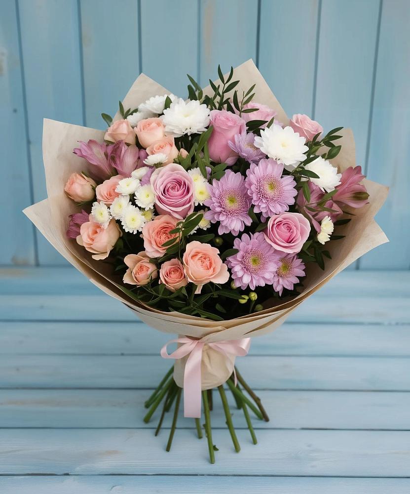 Букет цветов из: Хризантемы, Розы и Альстромерии в Акъяр