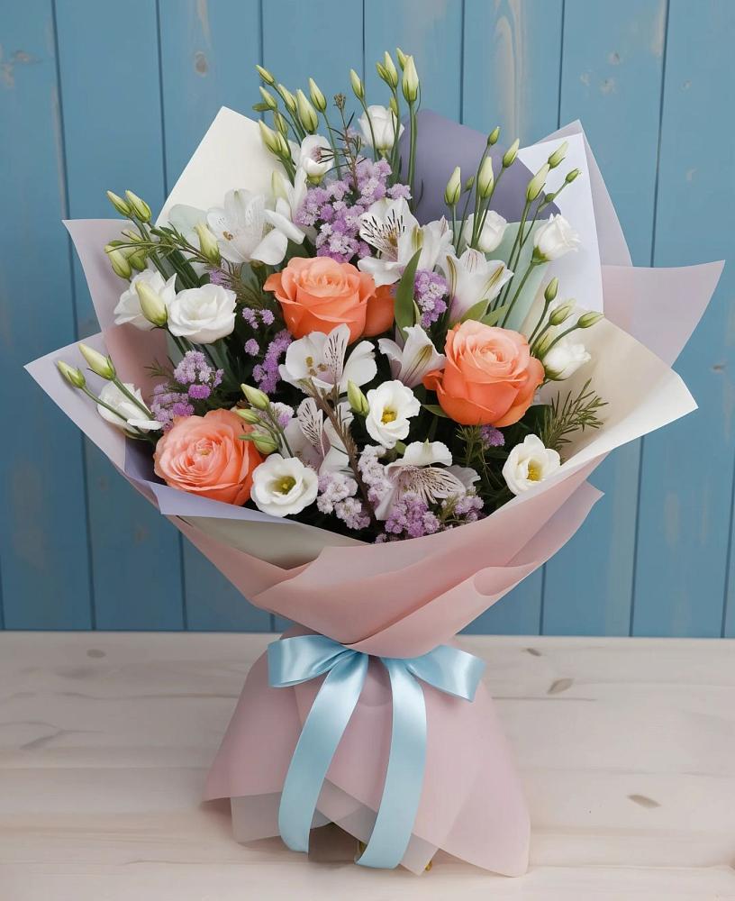 Букет цветов из: Лизиантусы, Розы, Альстромерии и Гипсофила в Акъяр