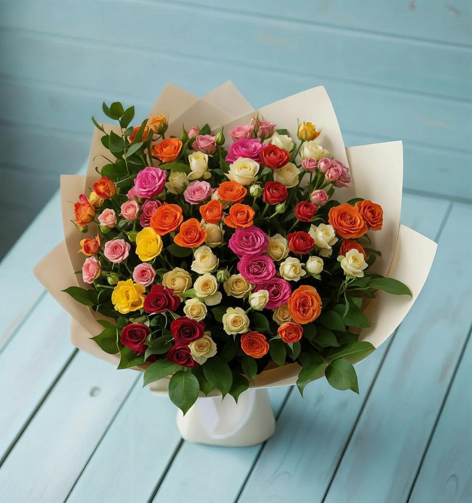 Букет Микс из разноцветных кустовых роз в Акъяр